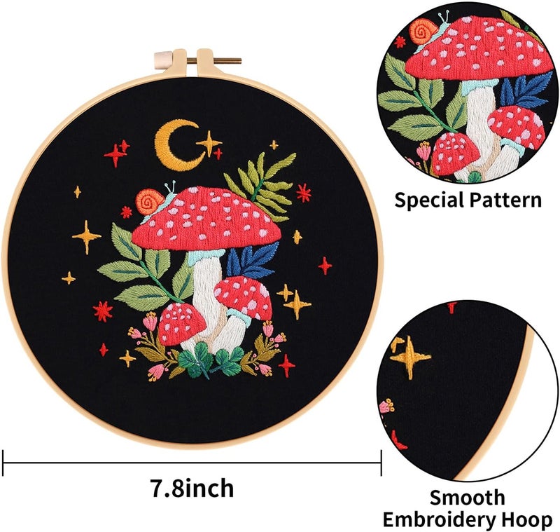 Nuberlic Mushroom Embroidery Kits for Beginner Adults Cross Stitch Kit with Stamped Pattern Include Cloth Hoops Threads Needles - Image 4